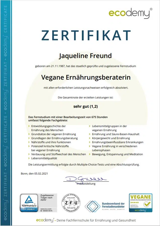 Zertifikat ecodemy Ernährungsberatung Jaqueline Freund